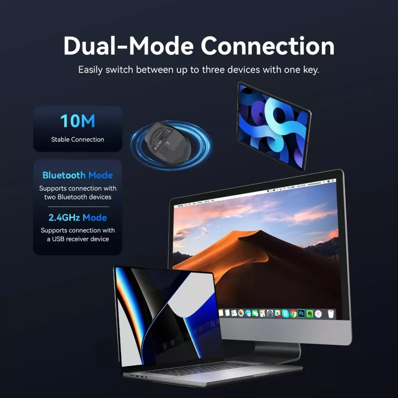 Vention KTMB0 mouse ottico wireless dual-mode 2.4GHz + Bluetooth 5.1, 6 pulsanti, 800-2400 DPI, nero