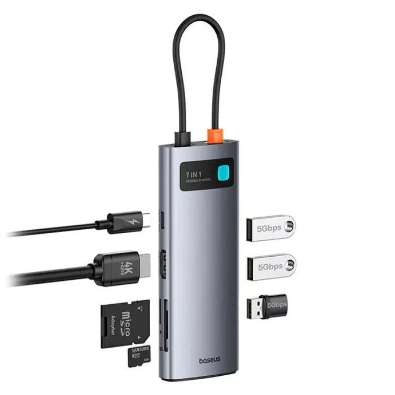 Baseus Metal Gleam hub USB-C 7-in-1 HDMI 4K 60Hz 3x USB 3.0 USB-C PD SD microSD grigio