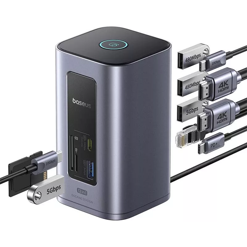 Baseus Air Spacemate hub USB-C 12-in-1, 2x HDMI 4K@60Hz, 2x USB-C 10Gbps, 2x USB-A 5Gbps, 2x USB-A 480Mbps, RJ45, SD/microSD, USB-C PD, grigio