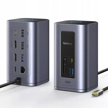 Baseus Air Spacemate hub USB-C 12-in-1, 2x HDMI 4K@60Hz, 2x USB-C 10Gbps, 2x USB-A 5Gbps, 2x USB-A 480Mbps, RJ45, SD/microSD, USB-C PD, grigio