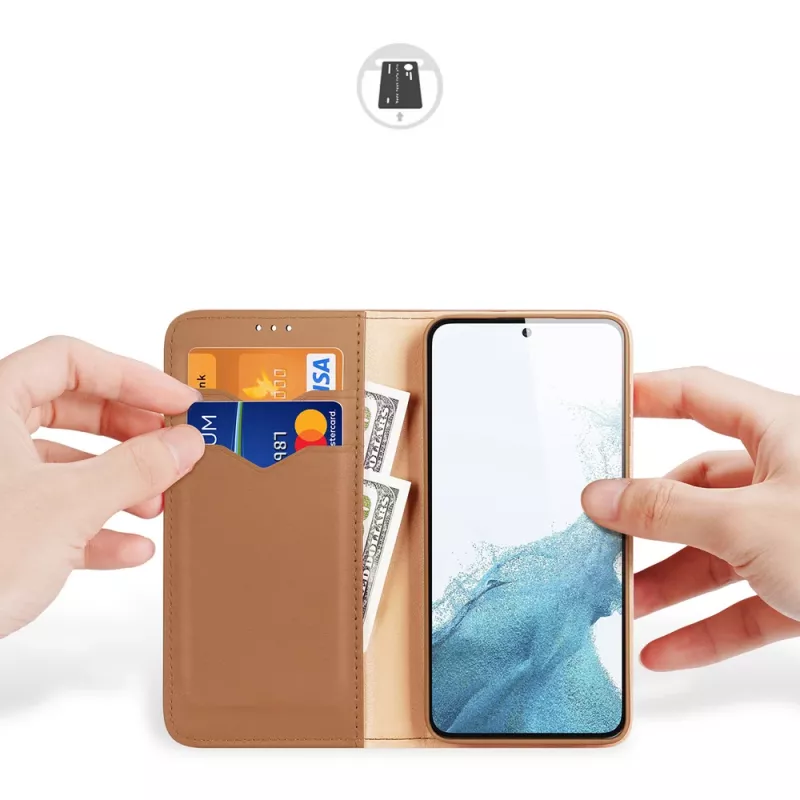 Dux Ducis Hivo Custodia con portafoglio per Samsung Galaxy S23+ con blocco RFID, kickstand, marrone