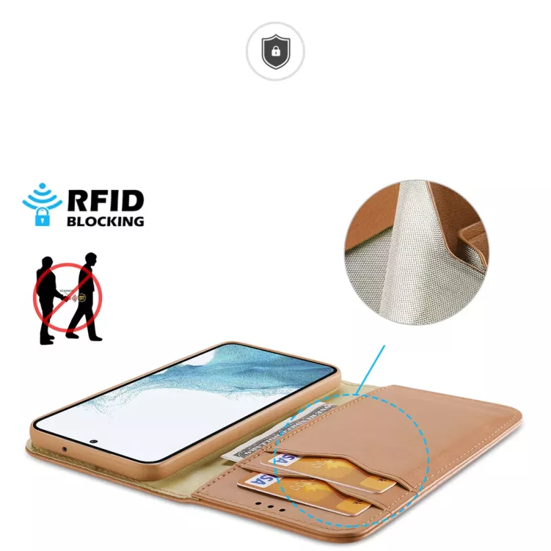 Dux Ducis Hivo Custodia con portafoglio per Samsung Galaxy S23+ con blocco RFID, kickstand, marrone