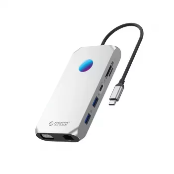 ORICO XCR docking station USB-C 12-in-1 con RGB, 2x USB-A 3.1, 1x USB-A 2.0, 1x USB-C PD 100W, 1x USB-C 3.1, 2x HDMI 2.0 4K 60Hz, 1x VGA 1080p, 1x microSD/SD 3.0, 1x RJ45 Gigabit Ethernet, 1x audio CTIA 3.5mm - grigio