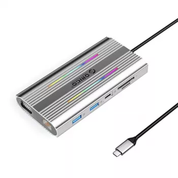 ORICO XCR docking station USB-C 12-in-1 con RGB, 3x USB-A, USB-C PD 100W, HDMI 4K, VGA, RJ45 Gigabit, lettore schede SD/microSD - argento
