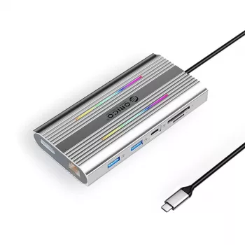 ORICO XDR docking station USB-C 12-in-1 con RGB, 2x HDMI 4K 60Hz, DisplayPort 4K 60Hz, RJ45 Gigabit, PD 100W, lettore schede SD/microSD - argento