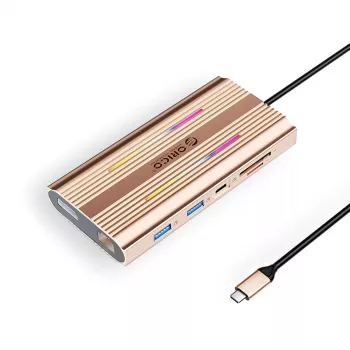 ORICO XDR docking station USB-C 12-in-1 con RGB, 2x HDMI 4K 60Hz, DisplayPort 4K 60Hz, Gigabit Ethernet, 100W PD, lettore schede SD/microSD - oro rosa