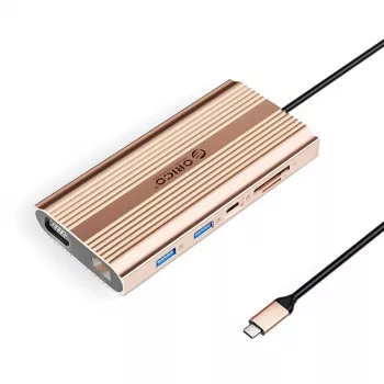 ORICO XDR docking station USB-C 12-in-1 con 100W PD, HDMI 4K, VGA, Gigabit Ethernet, lettore schede SD/microSD - oro rosa