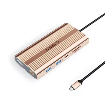 ORICO XDR docking station USB-C 12-in-1 con 2x HDMI 4K 60Hz, DisplayPort 4K 60Hz, Gigabit Ethernet, 100W PD, lettore schede SD/microSD - oro rosa