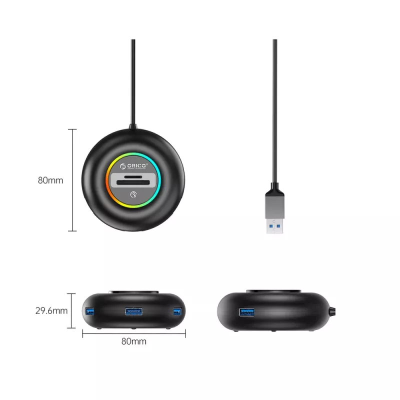 ORICO YXR4 hub USB-A 3.0 RGB 4 porte con lettore schede SD e microSD, cavo 1,8 m, nero
