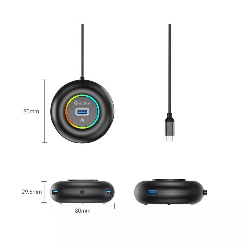 ORICO YXR4-C3 hub USB-A 3.0 RGB 4 porte con ingresso audio/microfono, cavo 1,8 m - nero