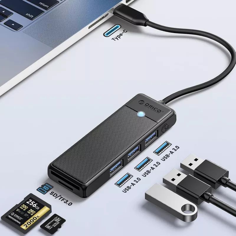 ORICO PAPW3AT-U3 Hub USB 3.0 4 porte con lettore di schede SD/MicroSD, cavo 1,8 m, nero