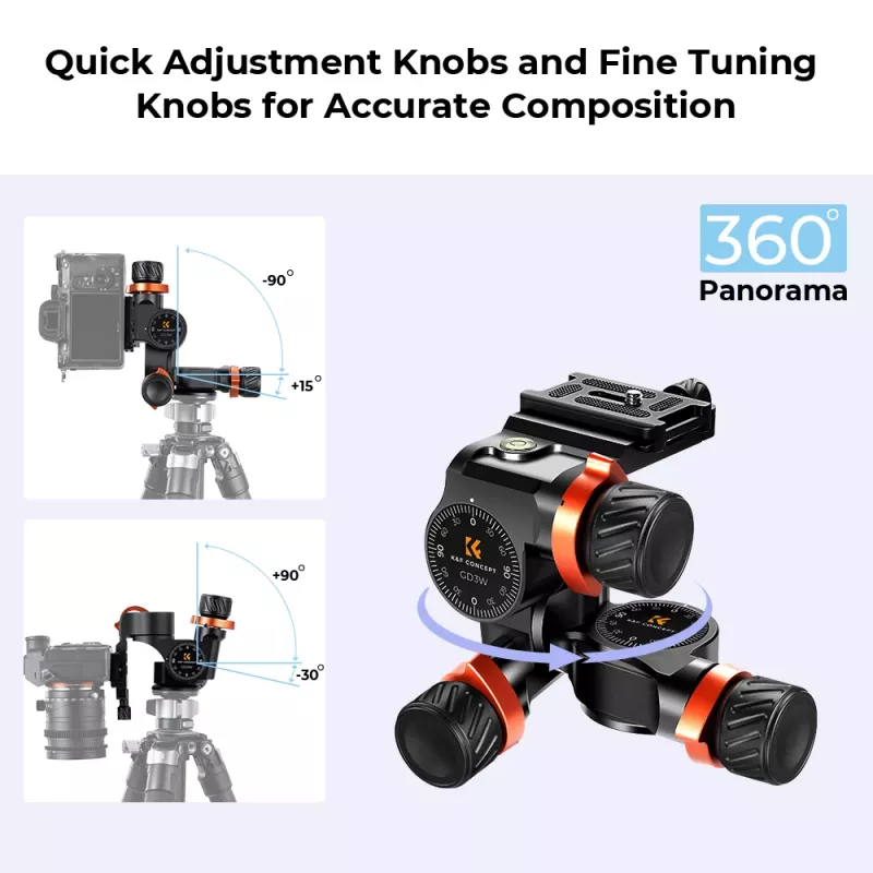 K&F Concept KF31.047 testa treppiede 3-Axis Geared, alluminio CNC, carico 6kg, Arca-Swiss, 1/4 inch-20 & 3/8 inch-16