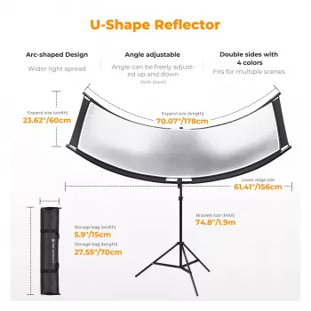 Riflettore curvo a U K&F Concept 4-in-1 180x60cm con stativo per luce e borsa da trasporto