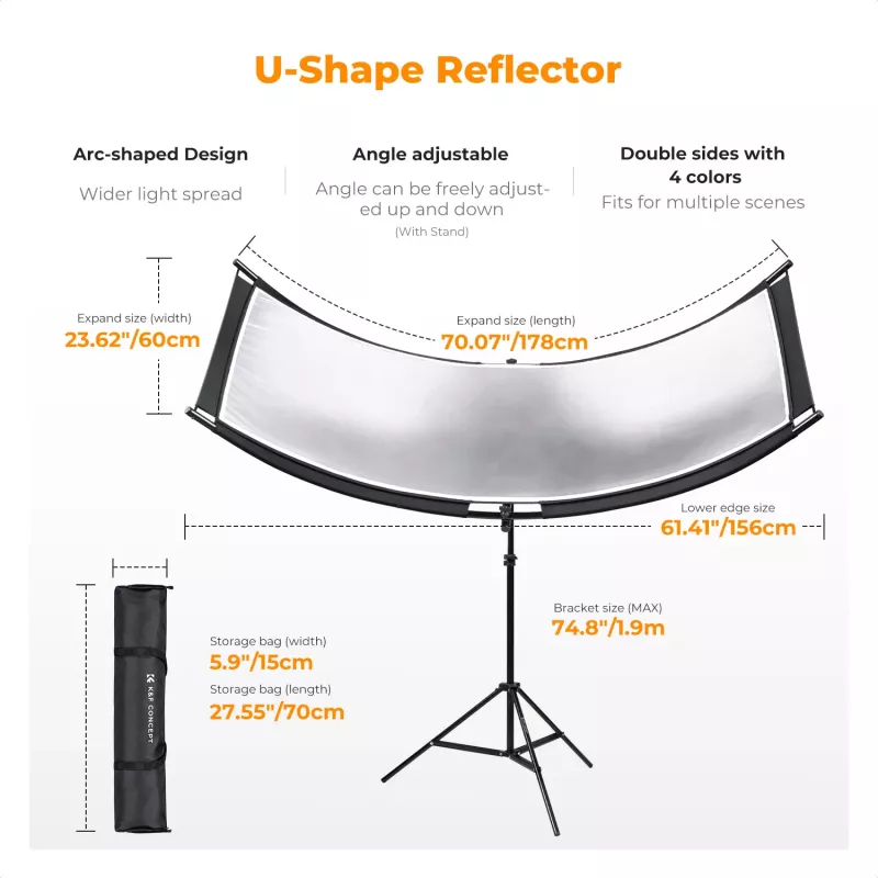 Riflettore curvo a U K&F Concept 4-in-1 180x60cm con stativo per luce e borsa da trasporto