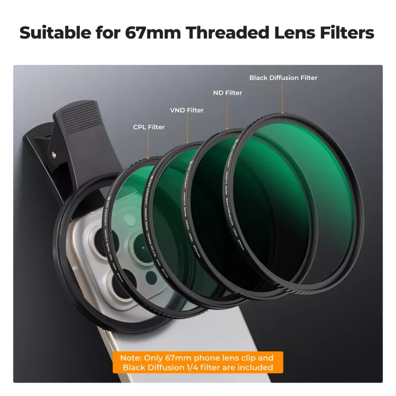KF Black Diffusion 1/4 filtro 67mm con adattatore clip-on per smartphone
