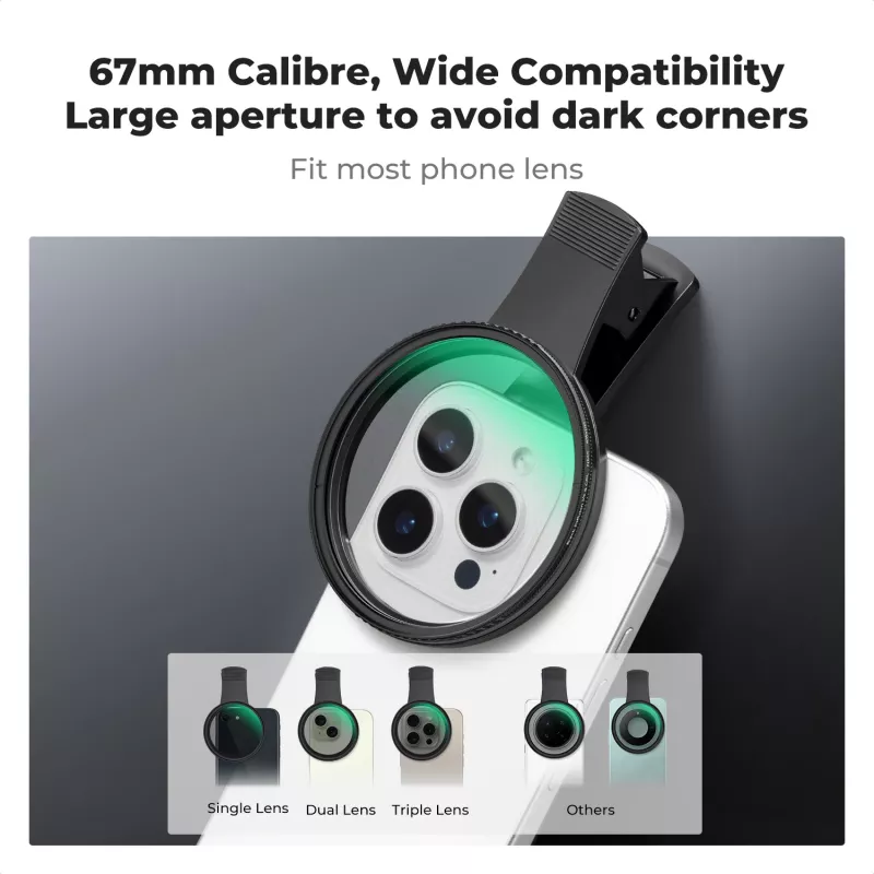 KF kit filtri 2-in-1 Black Diffusion 1/4 + CPL per telefono 67mm clip-on