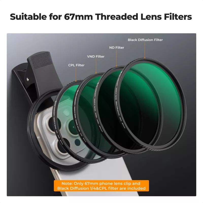 KF kit filtri 2-in-1 Black Diffusion 1/4 + CPL per telefono 67mm clip-on
