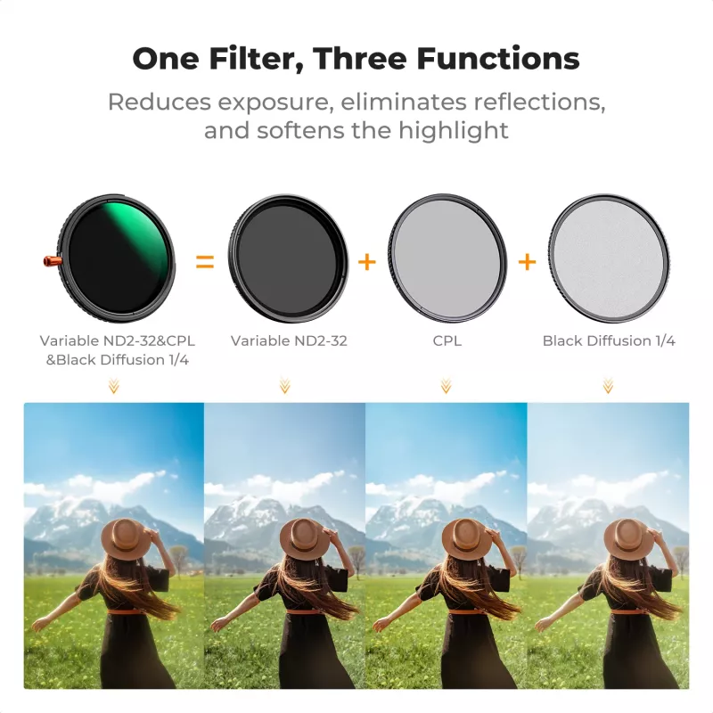 K&F Concept 82mm filtro ibrido 3-in-1 Fader ND2-32 + CPL + Black Diffusion 1/4 (KF01.2928V2)