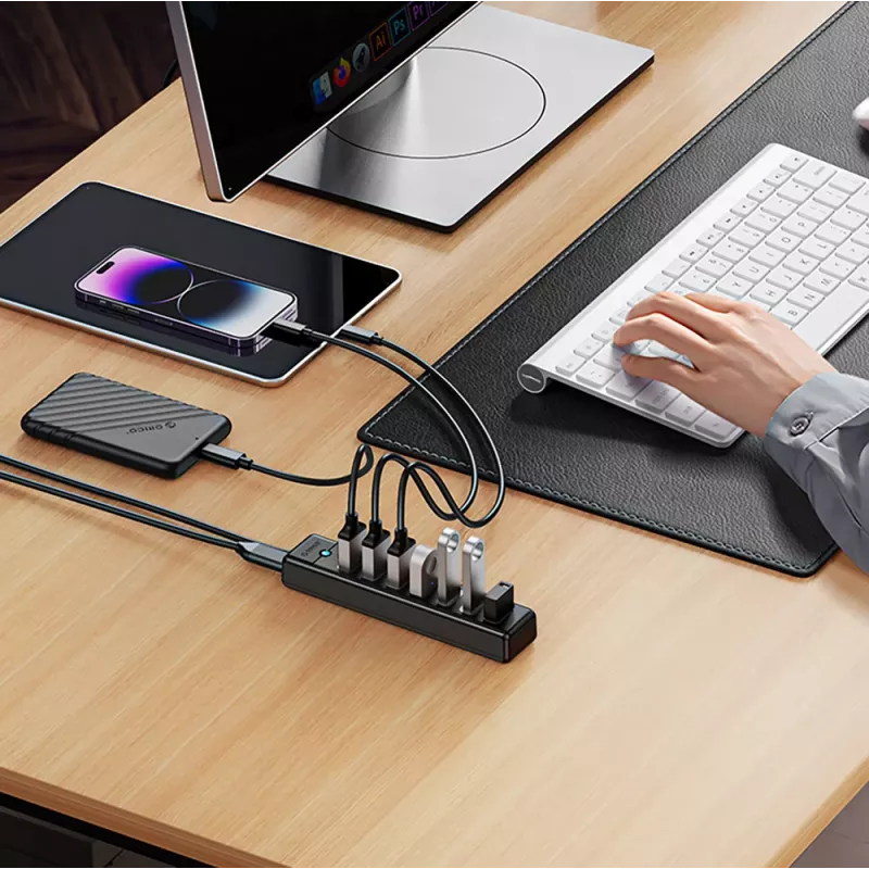 ORICO PW7U-U3 Hub USB 3.0 7 porte con alimentazione USB-C, cavo 1m, nero