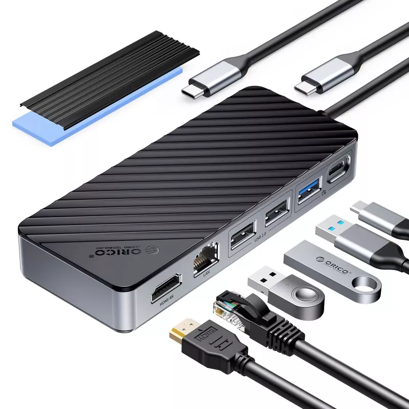 ORICO OM28PR-G2 Docking station USB-C con alloggiamento SSD M.2, 1x USB-A 3.2, 1x USB-C 3.2, 2x USB-A 2.0, 1x HDMI, 1x Ethernet - Nero