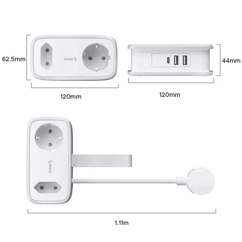 ORICO APP 15.5W ciabatta multipresa 5-in-1 con 2x AC, 2x USB-A, 1x USB-C - bianco