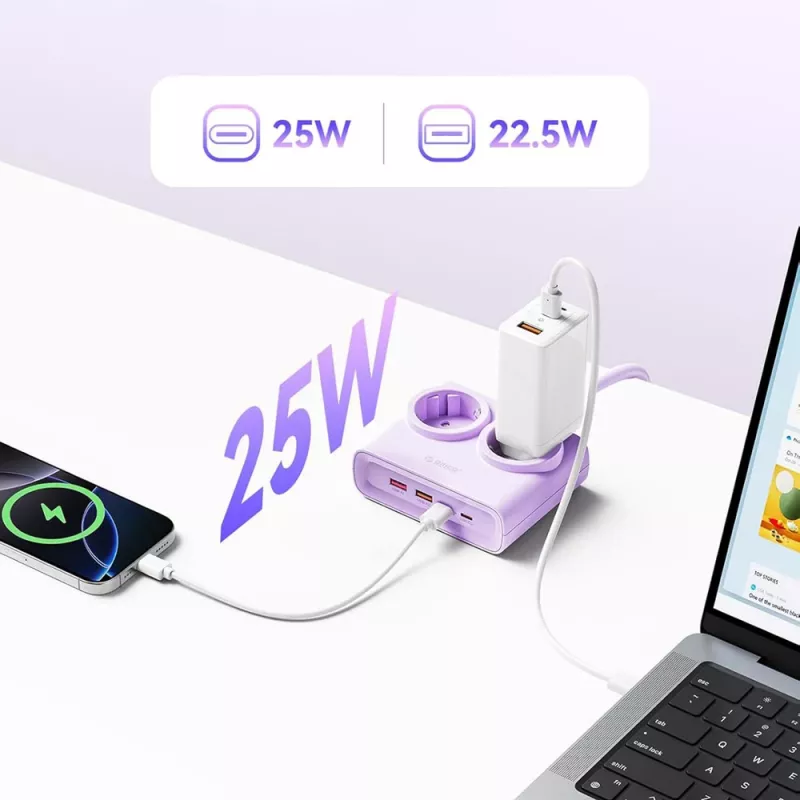 ORICO PDC25 25W ciabatta multipresa 6-in-1 con 2 prese AC, 2 porte USB-A e 2 porte USB-C - lilla