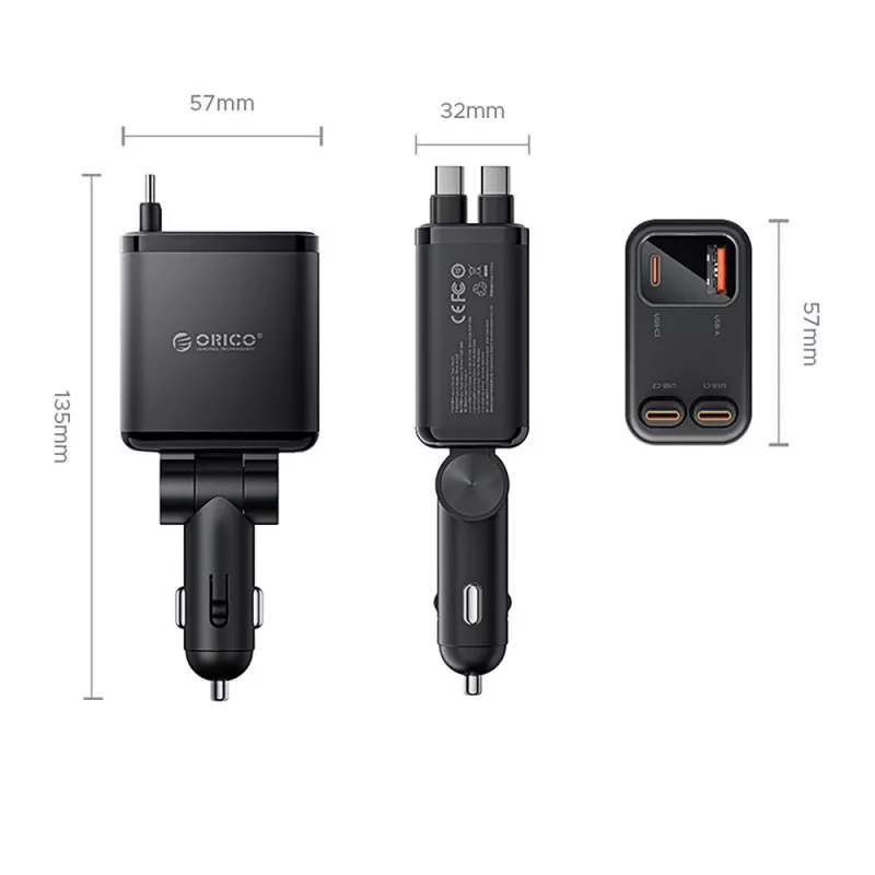 ORICO Twin Reach 45W caricabatterie da auto USB-A + USB-C con due cavi USB-C retrattili - nero