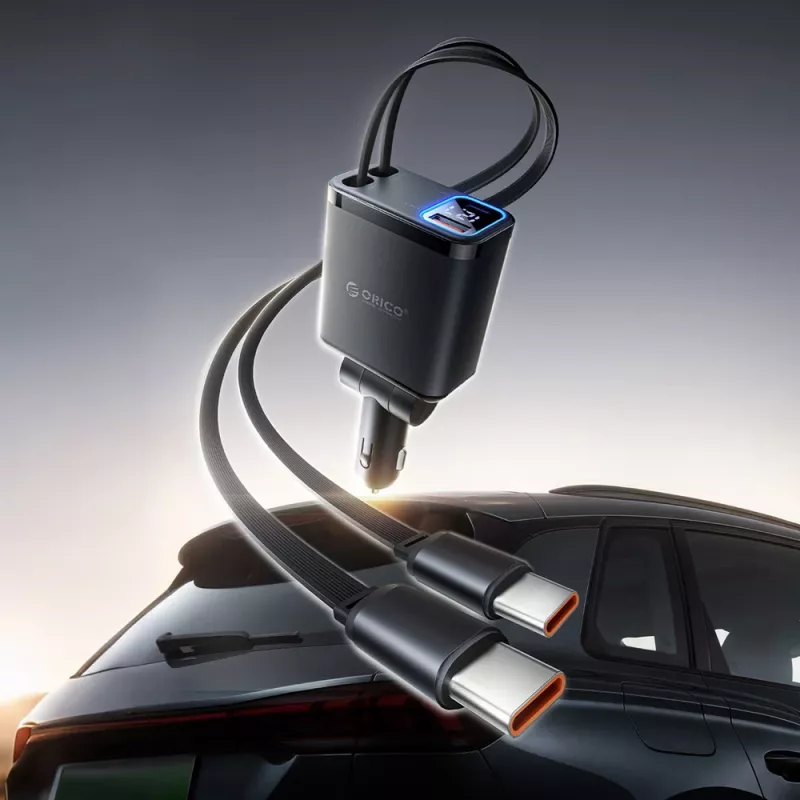 ORICO Twin Reach 45W caricabatterie da auto USB-A + USB-C con due cavi USB-C retrattili - nero