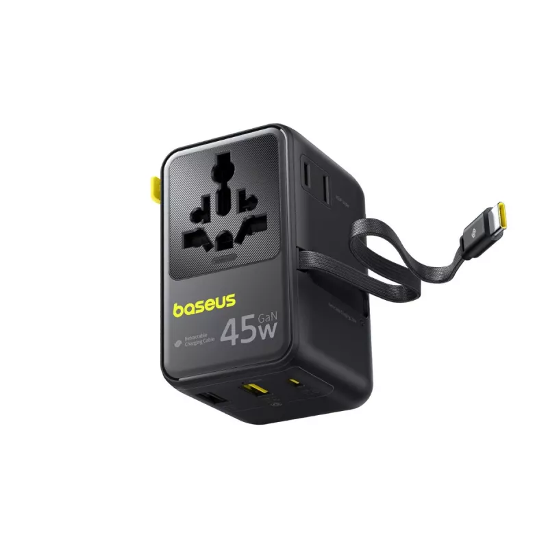 Baseus PicoGo AG11 45W adattatore da viaggio universale 6-in-1 con cavo USB-C retrattile - nero