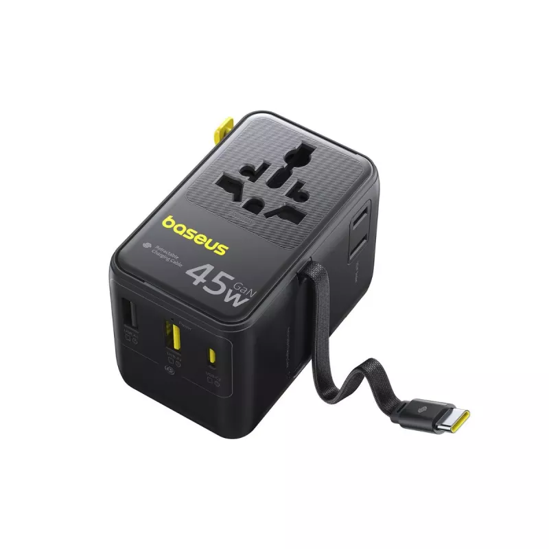 Baseus PicoGo AG11 45W adattatore da viaggio universale 6-in-1 con cavo USB-C retrattile - nero