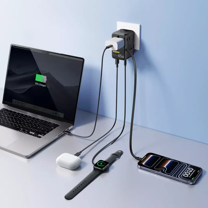 Baseus PicoGo AG11 45W adattatore da viaggio universale 6-in-1 con cavo USB-C retrattile - nero