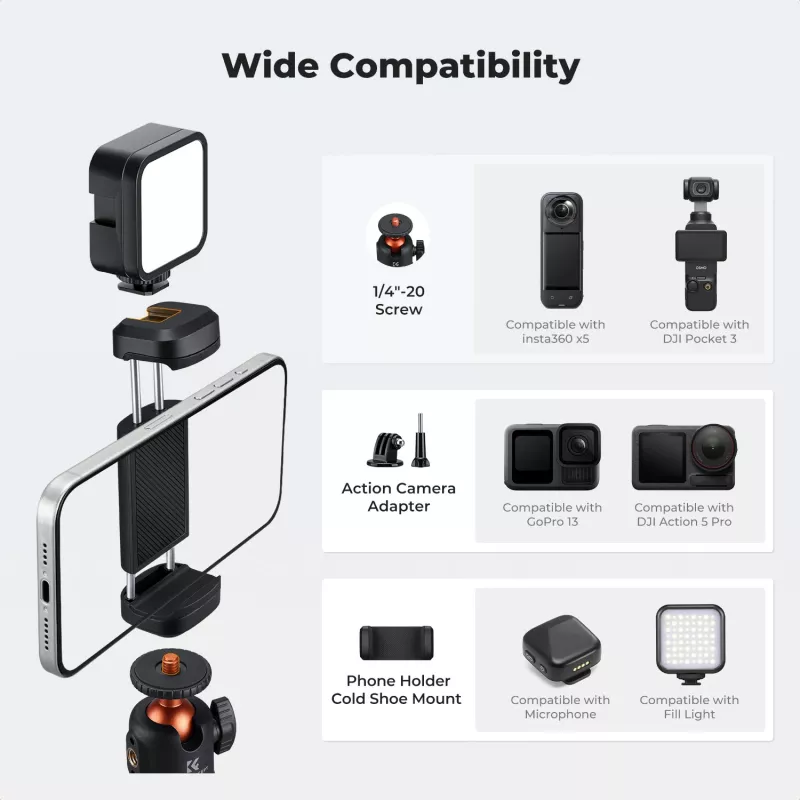 KF Mini treppiede e selfie stick 65 cm testa a 360° porta telefono KF09.180S1 nero