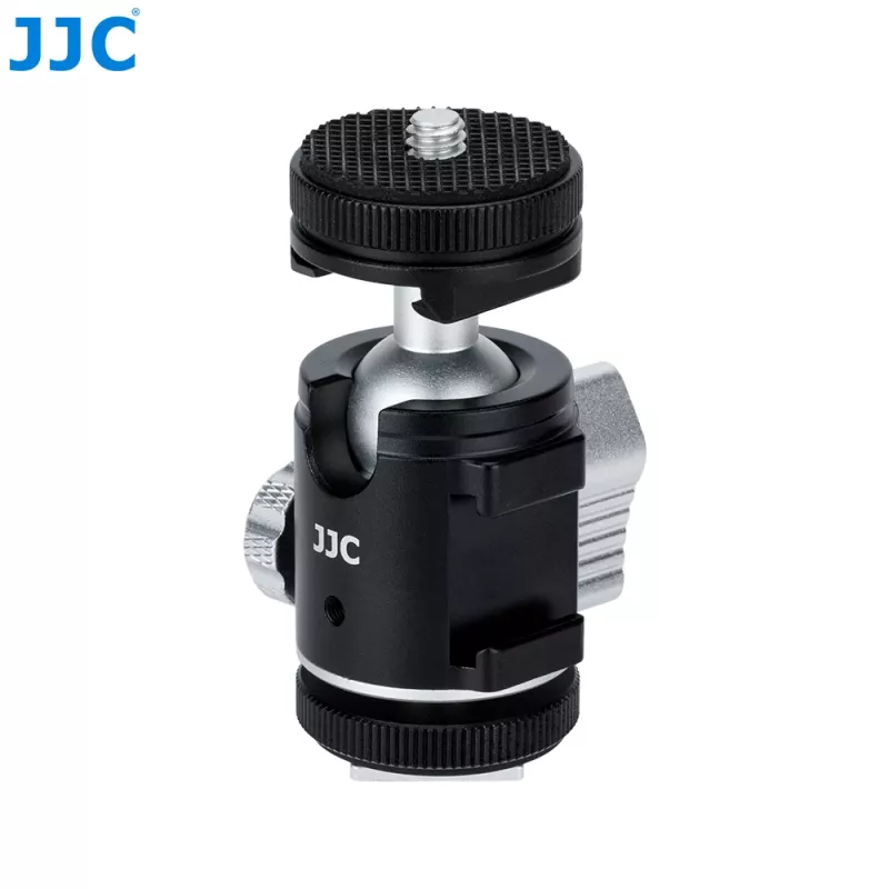 JJC BH-SM1 mini testa a sfera 3D in lega di alluminio con 3 slitte flash, vite da 1/4 di pollice, nero