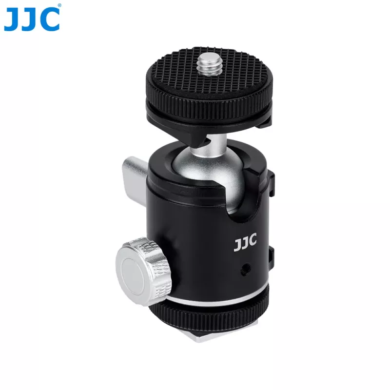 JJC BH-SM1 mini testa a sfera 3D in lega di alluminio con 3 slitte flash, vite da 1/4 di pollice, nero