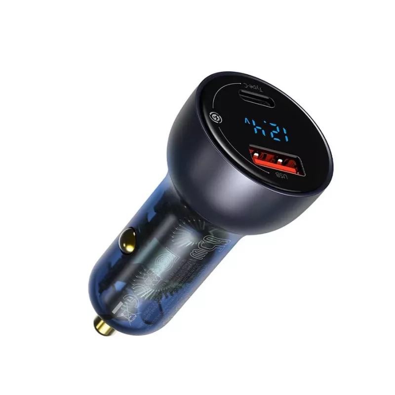 Baseus Particular caricabatterie da auto con display digitale, USB-C + USB-A, QC3.0+PD, 65W, grigio