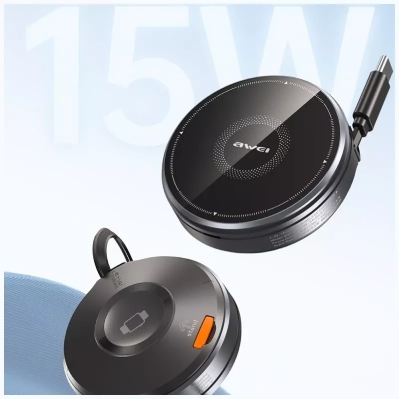 AWEI W27 stazione di ricarica wireless 3-in-1 15W ricarica rapida con cavo USB-C nero