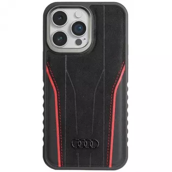 Custodia rigida in pelle vera MagSafe Audi iPhone 15 Pro 6.1 nero-rosso AU-TPUPCMIP15P-R8/D3-RD