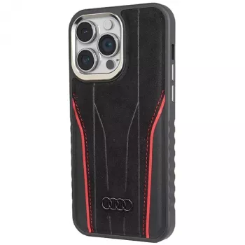 Custodia rigida in pelle vera MagSafe Audi iPhone 15 Pro Max 6.7 nero-rosso AU-TPUPCMIP15PM-R8/D3-RD