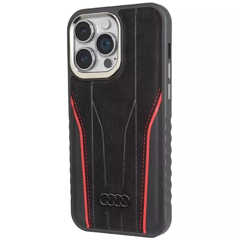 Custodia rigida in pelle vera MagSafe Audi iPhone 14 Pro Max 6.7 nero-rosso