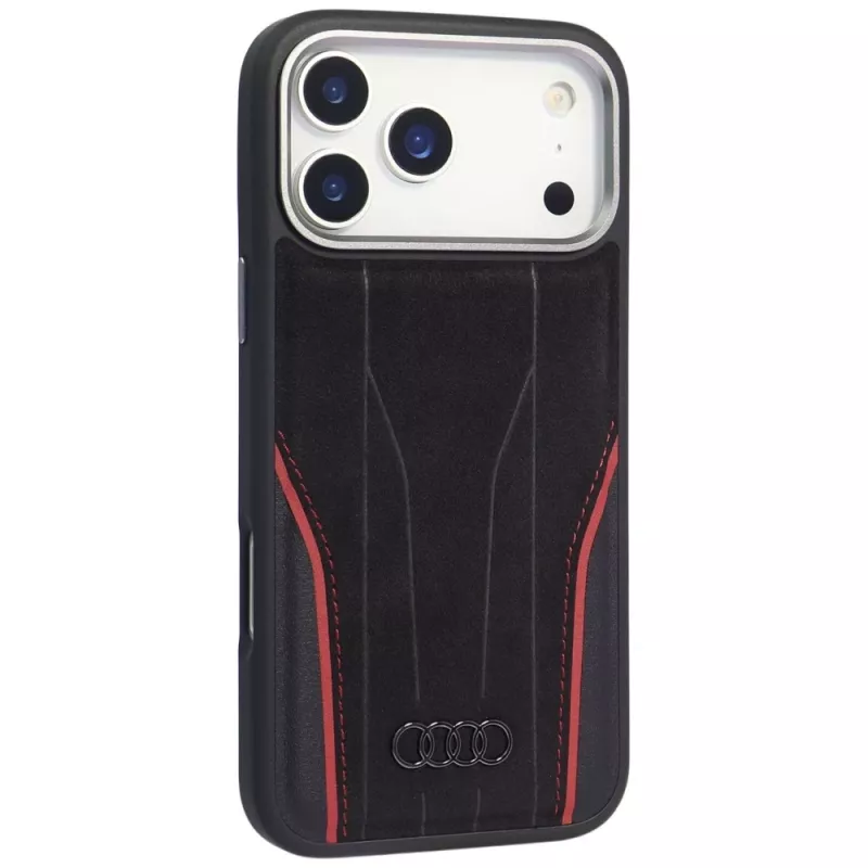 Custodia Audi R8 in pelle genuina MagSafe per iPhone 15 Pro nero con dettagli rossi