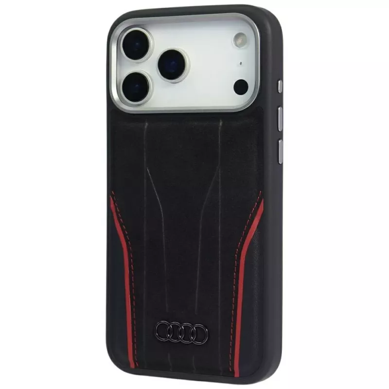 Custodia Audi R8 in pelle genuina MagSafe per iPhone 15 Pro nero con dettagli rossi