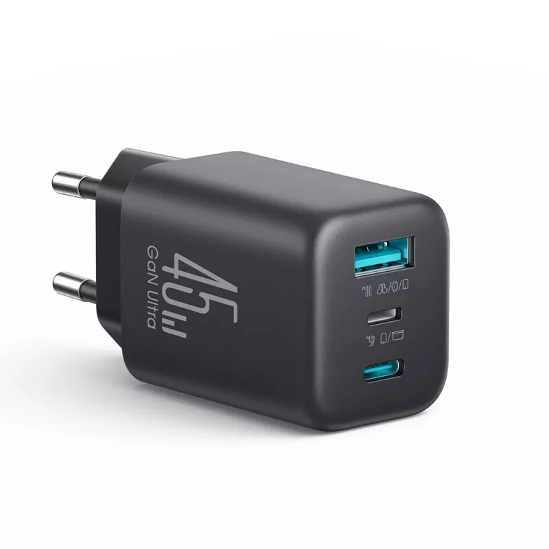 Caricabatterie da parete Joyroom JR-TO1 GaN 45W USB-C Lightning USB-A - nero
