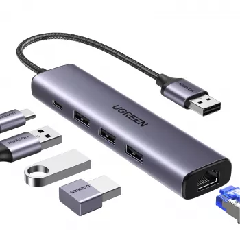UGREEN Hub 5-in-1 USB-A a 3x USB 3.0 + RJ45 + USB-C (argento)
