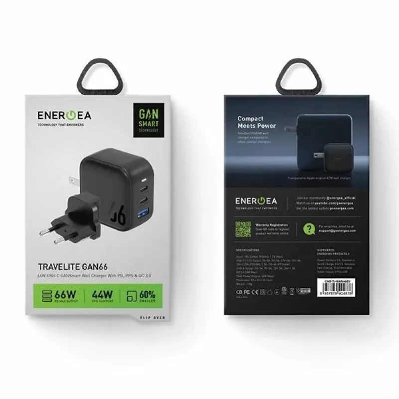 ENERGEA Travelite GAN66 Caricabatterie GaN USB-C 66W 2C1A nero US+EU