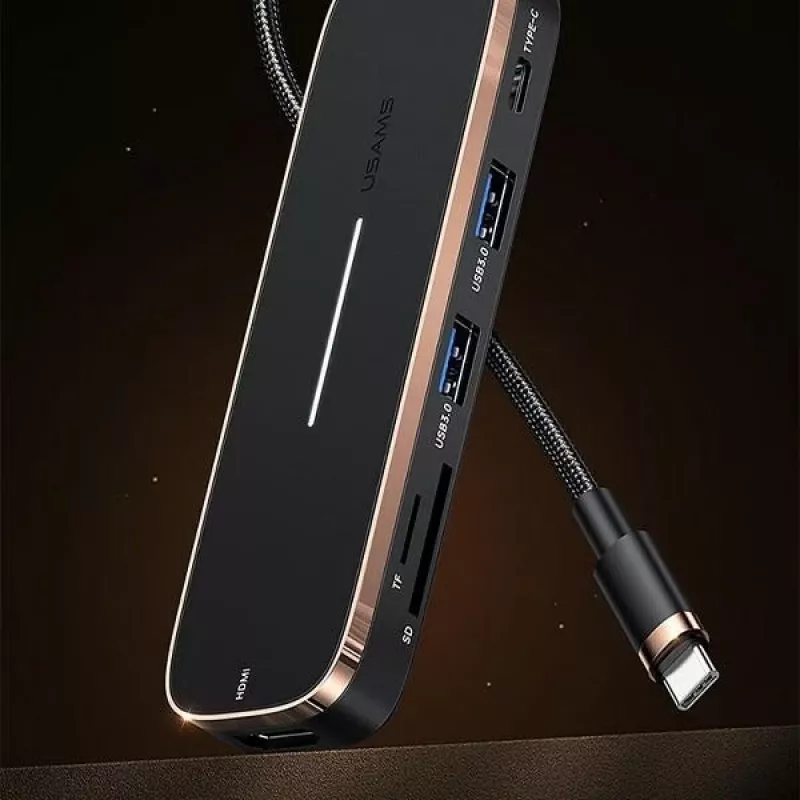 USAMS SJ575HUB01 Hub USB-C 2x USB-A USB-C PD HDMI lettore schede SD Micro SD nero