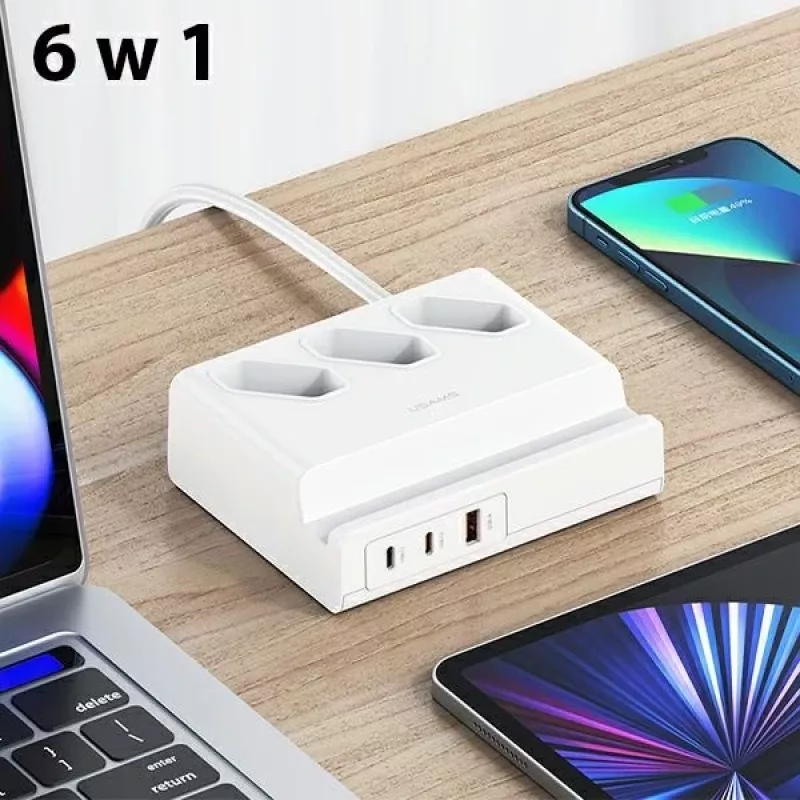 USAMS 65W Super SiFast Charging presa di estensione USB EU bianco CC160TC01 (US-CC160)