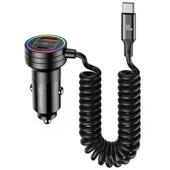 Caricabatterie da auto USAMS 60W 2xUSB-C 1xUSB-A con cavo a spirale ricarica rapida PD QC nero CC167CC01