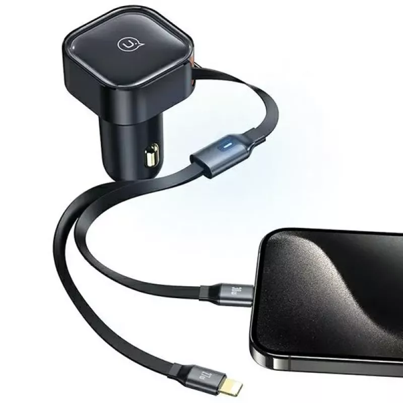 USAMS C41 caricabatterie per auto 30W ricarica rapida PD con cavi USB-C & Lightning retrattili nero (US-CC219)