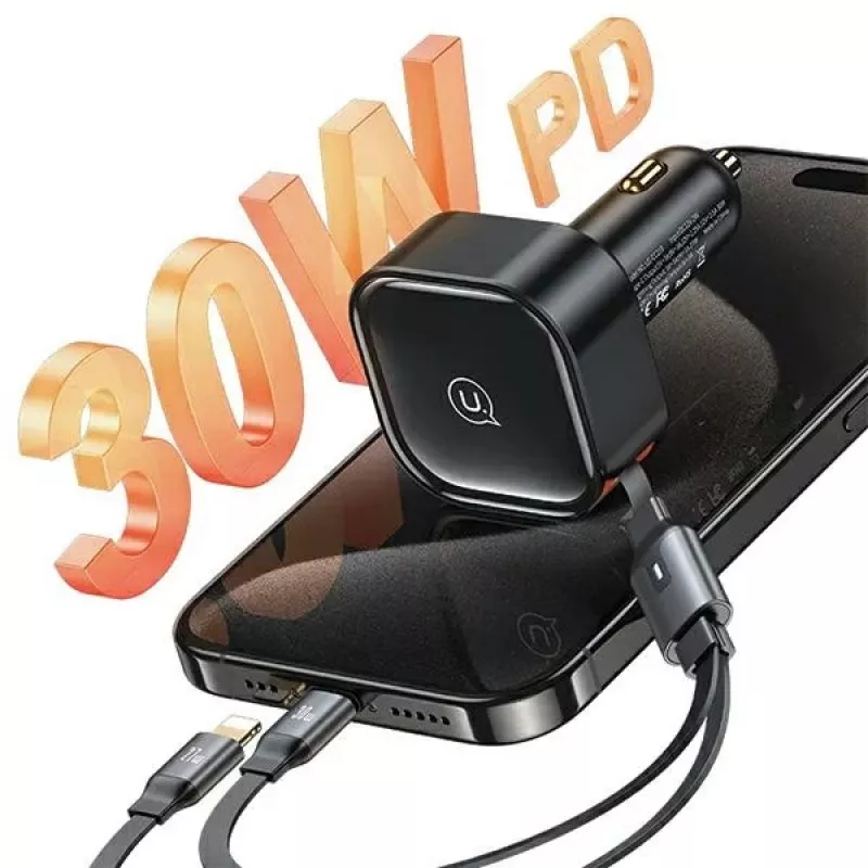 USAMS caricabatterie per auto con cavo retrattile 2xUSB-C C41 PD 30W ricarica rapida nero CC220CC01 (US-CC220)