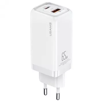 USAMS T47 65W PD Caricatore da parete Super Si ricarica rapida con 1x USB-C e 1x USB-A, bianco (CC153TC02)